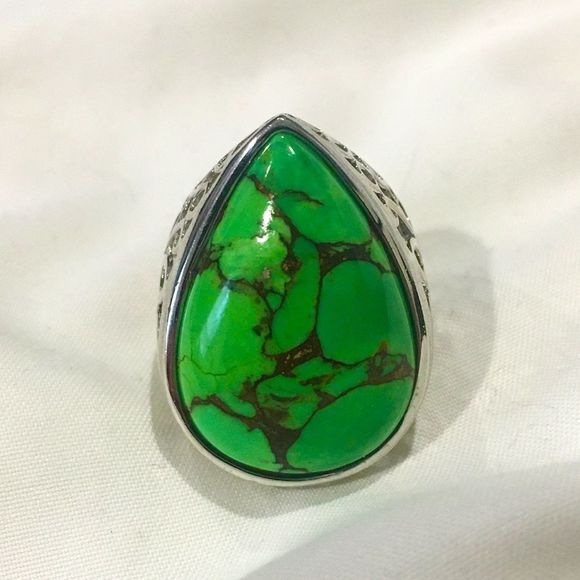 Green Turquoise Copper Infused Sterling Silver Open Work Ring Multiple Sizes - Picture 15 of 16